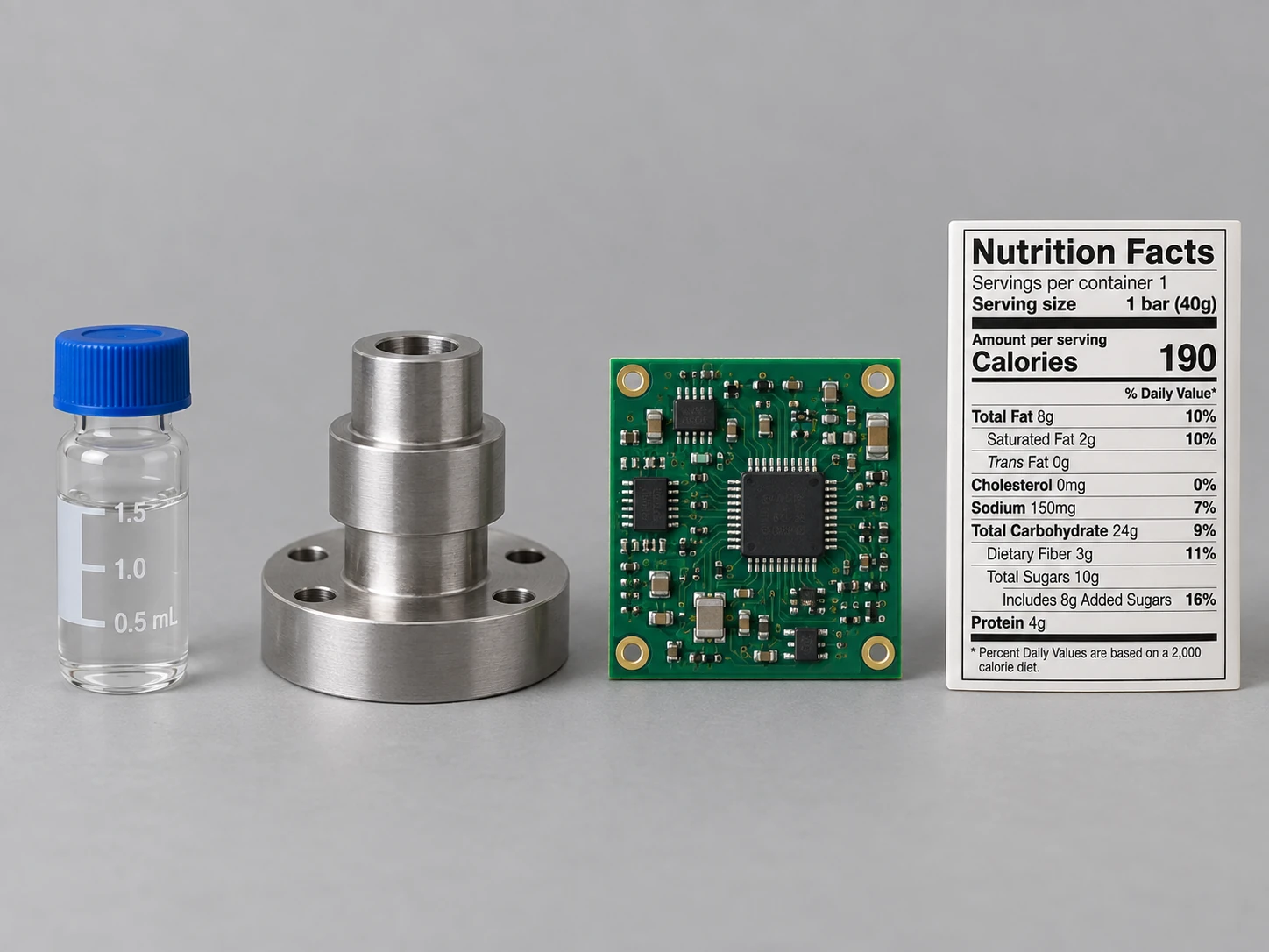A laboratory vial, machined metal component, circuit board and nutrition label arranged side by side.