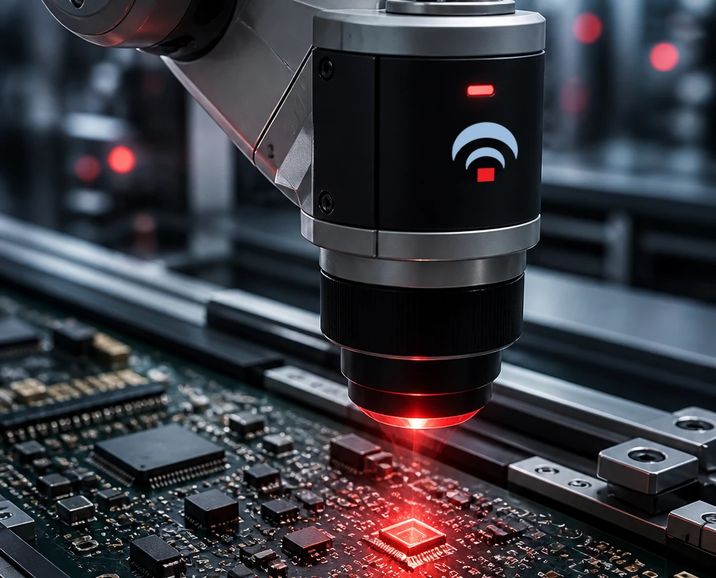 An automated reader scanning an electronic component on a circuit board with red light.