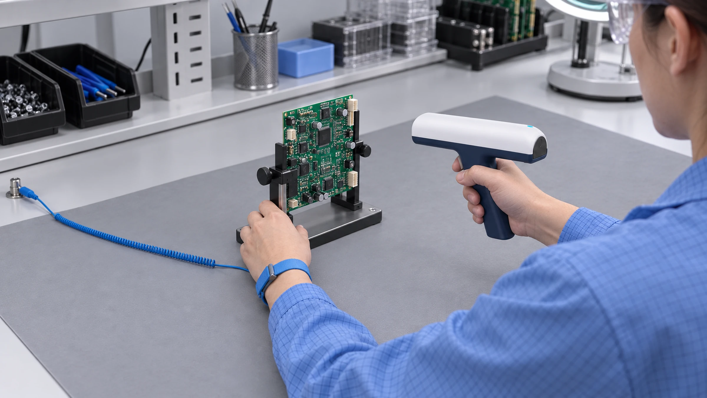 An operator using a handheld reader to check a circuit board held in a fixture at an electronics workbench.