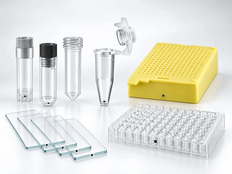 Laboratory vials, tubes, slides, a rack and microplate with small identity chips.