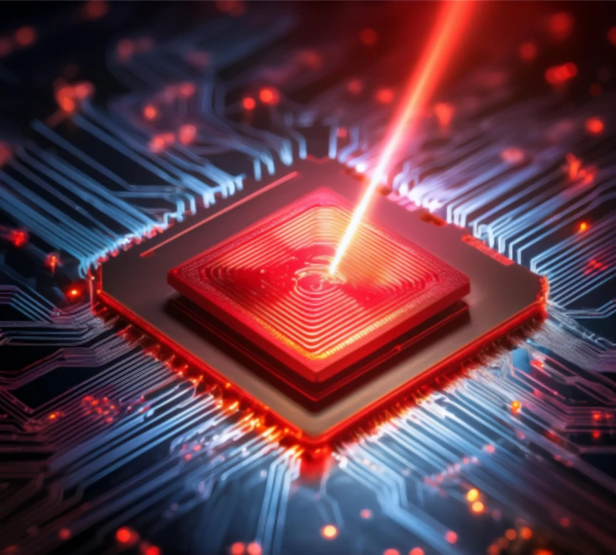 Illustration of a silicon chip illuminated by a red beam of light.