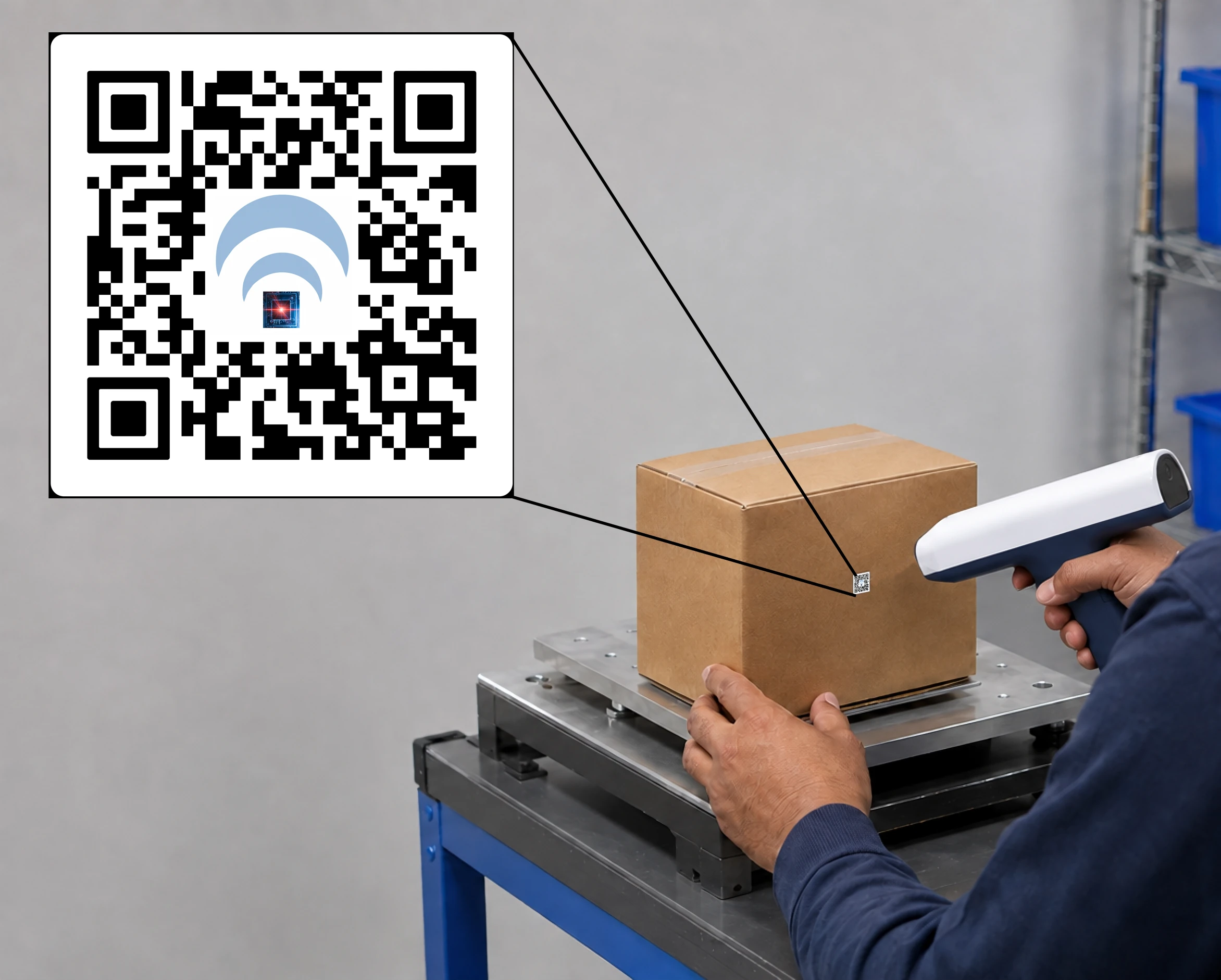 A handheld reader checking a p-Chip label on a box, with an enlarged view of the QR code and embedded chip.