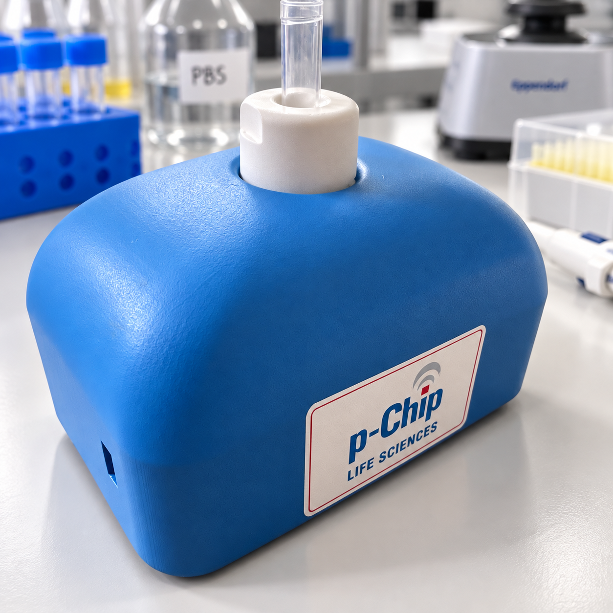 A blue p-Chip Life Sciences reader holding a clear tube on a laboratory bench.