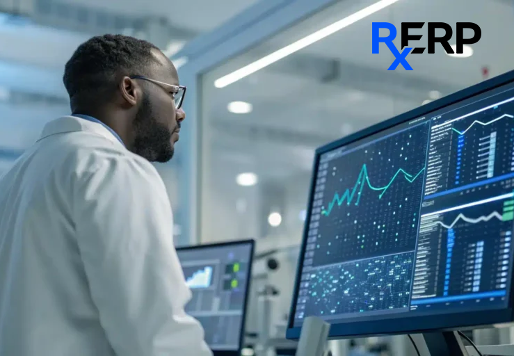 A person in a lab coat viewing data dashboards on monitors, with RxERP branding.