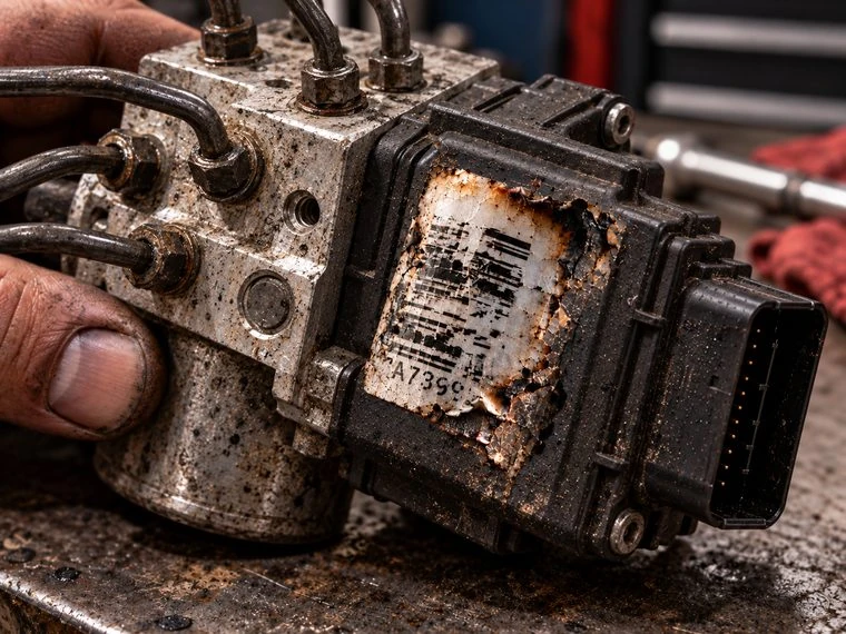 An industrial component with a severely worn printed label, illustrating the challenge of identification over time.